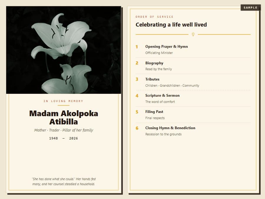 Sample funeral order-of-service booklet — cover and order of events